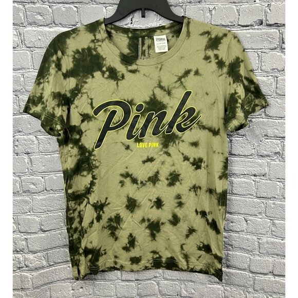 PINK Victoria's Secret Tops - Pink Victoria's Secret Green Tie Dye Spell Out T Shirt Size Small